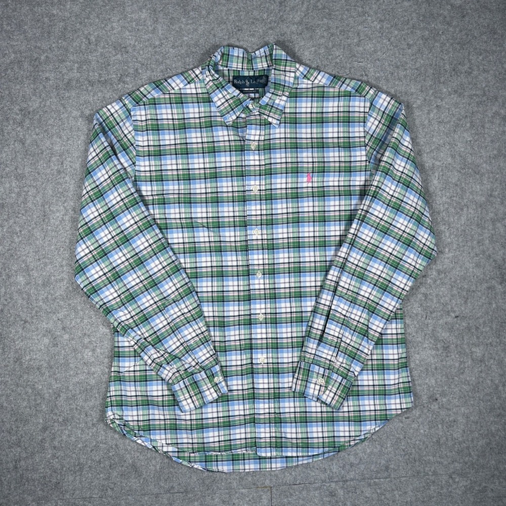 Ralph Lauren Shirt Men Large Green Blue Plaid Custom Fit Long Sleeve Button Down